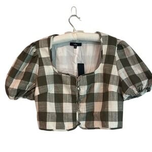Lulu's Cropped Blouse Puffy Sleeves, Front Buttons Olive Green & Cream Check NWT